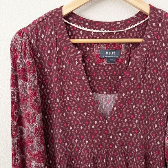 MAEVE x ANTHROPOLOGIE | Tiered Dress Amber Burgundy Red Off White Boho | Large - Picture 3 of 10